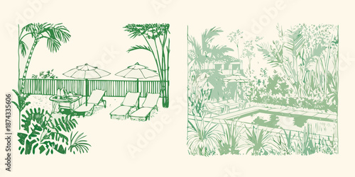 A serene poolside patio illustration with lush greenery and tropical elements