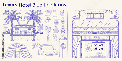 Luxury hotel icons with tropical elements amenities and architectural details