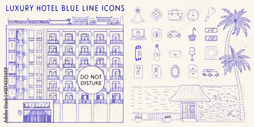 Luxury hotel blue line icons with building palm trees and travel elements