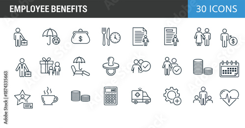 Employee benefits line icons set featuring compensation, insurance, payroll, healthcare, rewards, savings, HR services, work life balance symbols