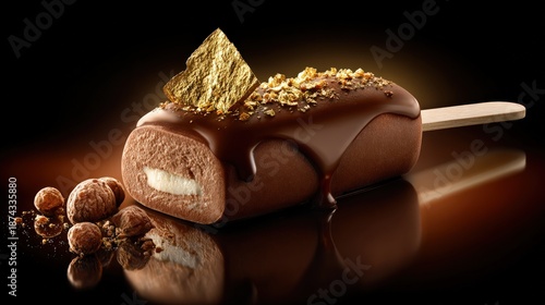 Decadent chocolate coated frozen confection rests on reflective surface with garnish elements