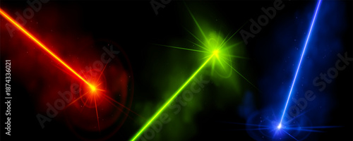 Red laser light beam effect isolated on transparent background. Vector blue neon line abstract design. Lazer show with sparkle and smoke presentation pointer. Led broadway entertainment illustration