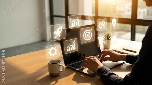 Professional working on laptop with digital business icons, achieving goals in modern workspace at home, startup success and creativity