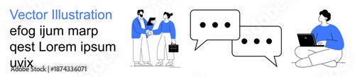 Collaboration, virtual meetings, remote work, business discussion, online communication, teamwork. Two people discussing with chat icons and another person working on a laptop. Collaboration