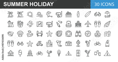 Summer holiday line icons set featuring beach travel vacation activities sunshine sea leisure tourism editable outline symbols lifestyle adventure recreation