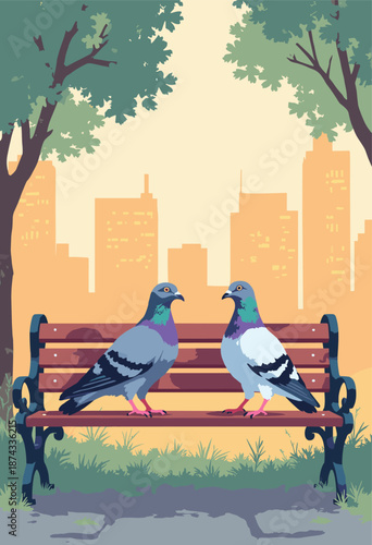 Two Pigeons having a business meeting on a park bench. 'Urban Life'. Flat vector