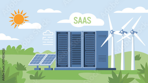 Server racks with solar panels and wind turbines in a green field under a sunny sky