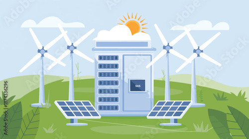 Wind turbines, solar panels, and a server rack in a green landscape with sun and clouds