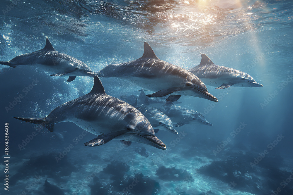 Fototapeta premium Group of dolphins swimming freely underwater with sunlight filtering through clear ocean water, creating peaceful and natural marine scene full of life and motion