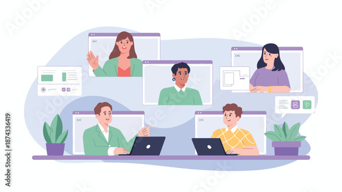 A group of people in a conference meeting with laptops and large computer screens