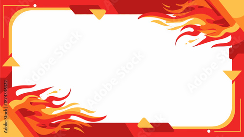 Dynamic red and orange abstract fire frame with a white central area and decorative yellow triangles, ideal for banners or presentations.
