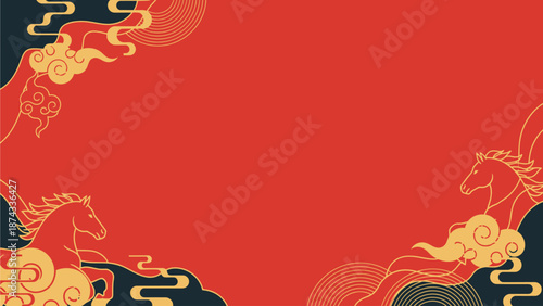 Vibrant red background with stylized golden horses, auspicious clouds, and traditional patterns, evoking a festive Chinese New Year theme.
