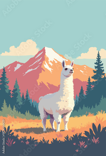A Llama photobombing a landscape picture. 'Selfie' humor. Flat vector