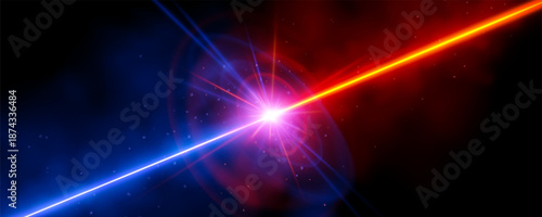 Laser effect background vs laser. Collision of blue and red lightning energy. Laser shocks and magic storm versus concept. Particle explosion for battle design. Release of abstract confrontation