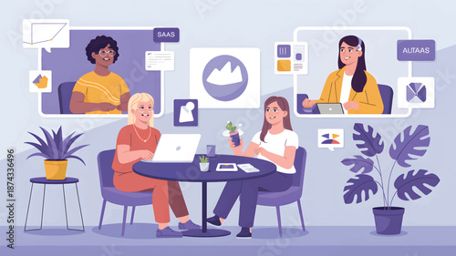 Two women sitting at a table with laptops discussing SaaS and ATAS concepts with colleagues SaaS