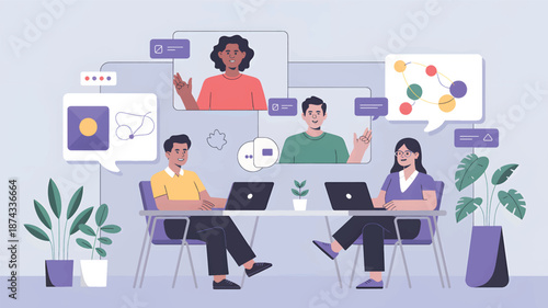 Group of people in a meeting with virtual participants discussing a project discussion