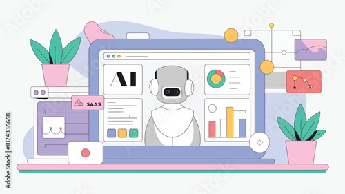 A robot with headphones working on a laptop displaying AI and analytics charts with potted