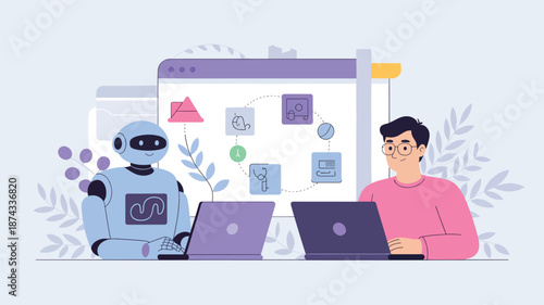 Man with glasses and robot working together on laptops with flowchart on screen