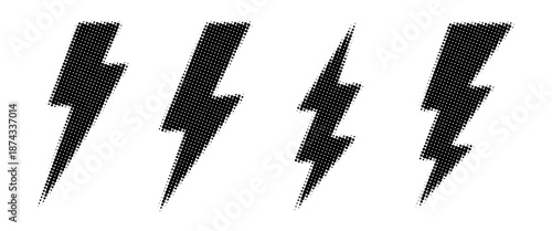 Halftone grunge lightning bolts set. black dotted flash thunderbolt. dotted thunder bolt symbol collection
