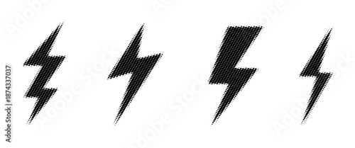 Halftone grunge lightning bolts set. black dotted flash thunderbolt. dotted thunder bolt symbol collection