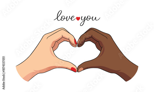 Romantic Interracial Hands Forming Heart Shape With Love You Script Vector Illustration