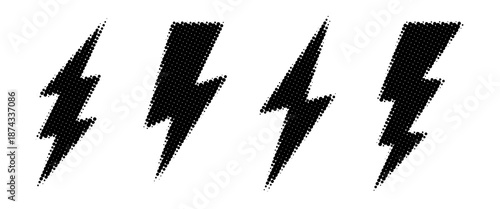 Halftone grunge lightning bolts set. black dotted flash thunderbolt. dotted thunder bolt symbol collection