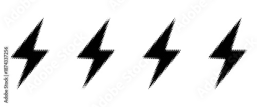Halftone grunge lightning bolts set. black dotted flash thunderbolt. dotted thunder bolt symbol collection