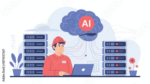 A person with a red cap working on a laptop near servers with an AI cloud