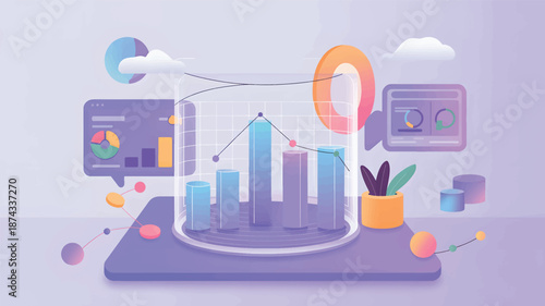 Colorful 3D bar chart with floating data points and digital interface data visualization