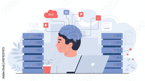 Person with a brain connected to Servers and AI Clouds technology