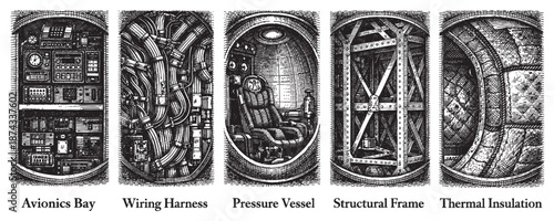A series of vintage black and white schematic illustrations depict the intricate internal workings of industrial technology, showcasing detailed diagrams of avionics, wiring, pressure vessels, structu