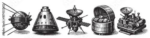 A detailed woodcut illustration showcases a collection of five distinct vintage spacecraft designs, rendered in black and white on a clean white background.