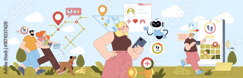 Family and Technology Interaction Vector Illustration