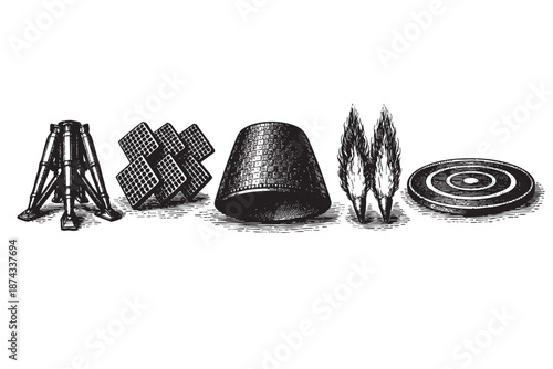 A monochromatic graphic illustration features an arrangement of diverse abstract objects in a stylized, etching-like style on a white background.