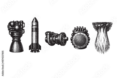 A collection of meticulously detailed vintage illustrations depicting rocket engine components, a spacecraft, and engine exhaust, rendered in a classic woodcut style on a white background.