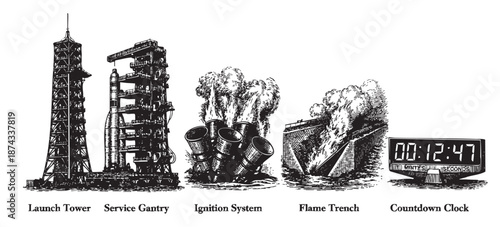A stylized black and white illustration depicts the key stages of a rocket launch, from the launch tower and service gantry to ignition, flame trench, and countdown clock.