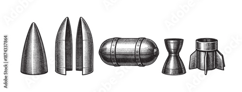 A detailed, vintage black and white illustration featuring various rocket and projectile components arranged on a white background, evoking retro futurism and industrial design.