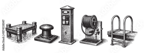 A vintage-style line drawing displays essential nautical dock equipment including a bollard, utility post, hose reel, and ladder, suggesting maritime or industrial themes.
