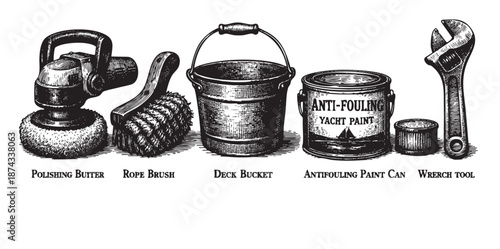 A detailed black and white illustration of boat maintenance items including a polisher, brush, bucket, paint can, and wrench, isolated on a white background.
