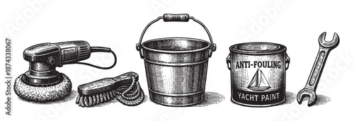 A vintage-style engraving depicts various boat maintenance tools and supplies including a polisher, brush, bucket, yacht paint can, and wrench arranged horizontally on a white background.