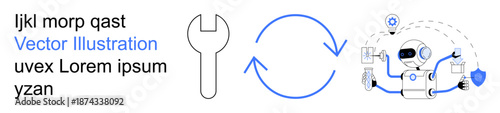 AI technology, process automation, system repair, workflow optimization, robotics, and tech solutions. A wrench, circular arrows and robot. AI technology and process automation