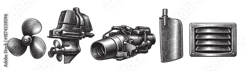 A collection of vintage-style nautical mechanical components, including a propeller, outboard motor parts, and a vent, rendered in a detailed black and white engraving style.