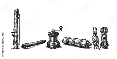 A detailed, vintage ink illustration showcases a collection of nautical equipment including a capstan, cannon, rope, and pulley, rendered in black and white on a clean white background.