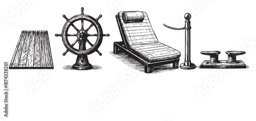 A collection of black and white line art illustrations depicts various nautical elements including a ship's wheel, a deck chair, a mooring post with rope, and a wooden dock section.