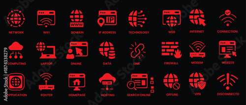 Internet icon set. Containing website, link, data, web, online, domain, technology, modem, VPN, hosting, connection and more. Solid vector icons collection. 