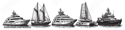 A black and white illustration depicts a diverse fleet of luxury yachts and a traditional sailboat on calm water, highlighting maritime transport and opulent travel.