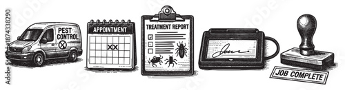 This illustrative depiction showcases a pest control service workflow, including a branded van, an appointment calendar, a treatment report with insect graphics, a signed document, and a job completio