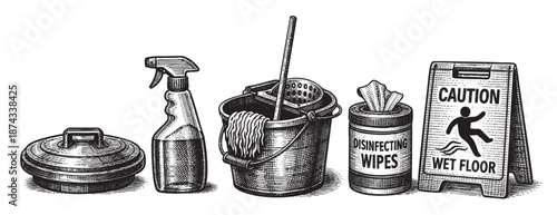 A vintage black and white illustration depicts essential cleaning supplies including a spray bottle, bucket with mop, wipes container, and a wet floor caution sign.
