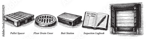 A line art illustration displays five items related to pest control, including a pallet spacer, floor drain cover, bait station, inspection logbook, and a box.