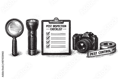A detailed woodcut illustration showcases tools for pest control inspection including a magnifying glass, flashlight, checklist clipboard, pen, camera, and tape.